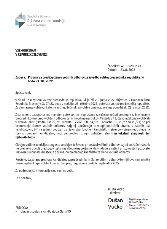 Prošnja za predlog članov za volilnih odborov za izvedbo volitev predsednika republike, ki bodo 23. 10. 2022